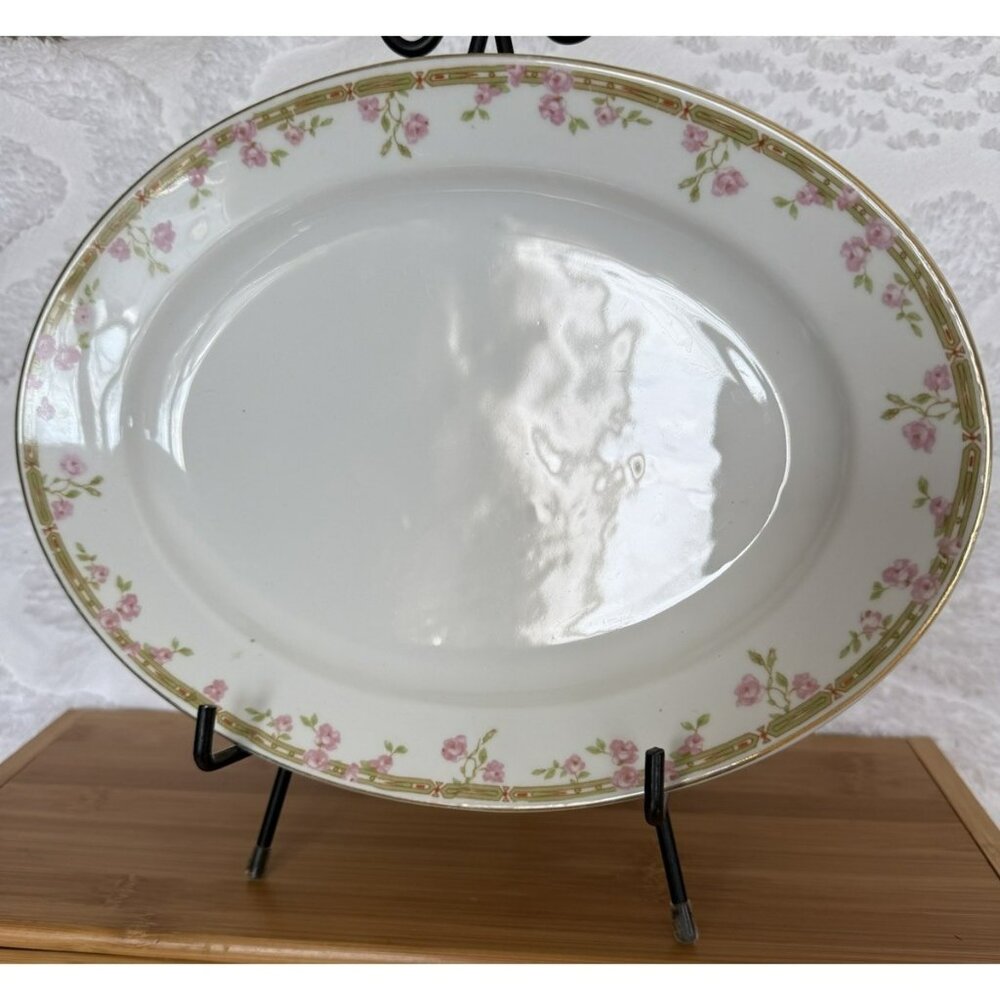 Antique ZS & Co Bavaria Platter 11.25 x 8.25 Pink Rose Buds c1880 Mark Excellent